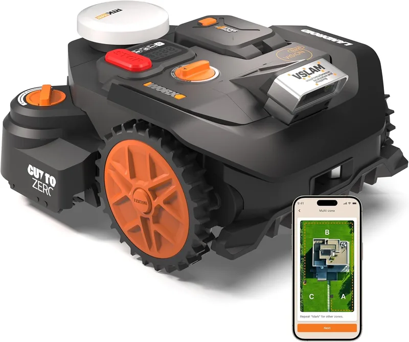 WORX ▫️ Robô cortador de relva Landroid Vision Cloud WR306E 2WD, sem fio perimetral, até 500 m², evasão de obstáculos com IA, navegação VSLAM + RTK Cloud, mapeamento automático, controlo através da aplicação