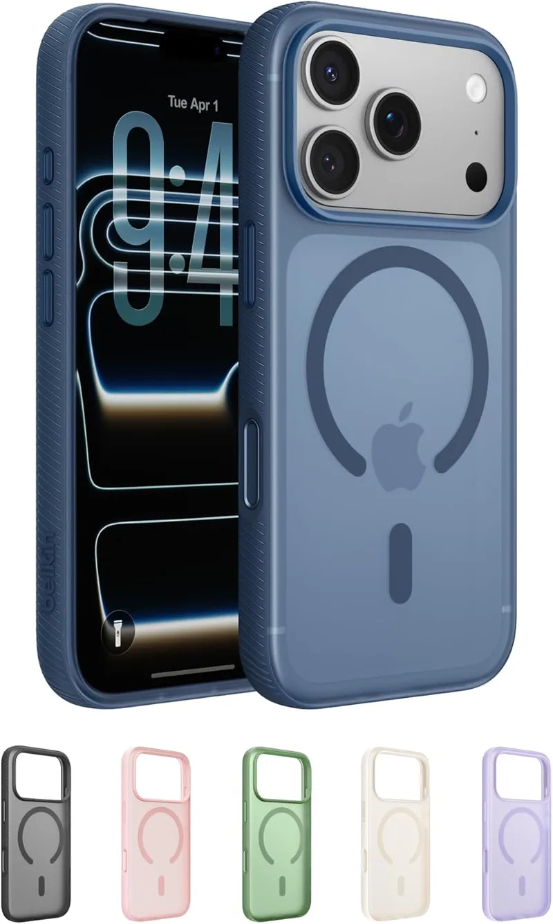 Capa para iPhone 17 Pro compatível com MagSafe Belkin SheerForce Grip, design ultrafino, faixas laterais antiderrapantes, magnética, transparente, resistente a choques - Azul