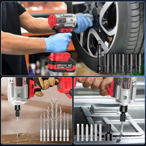XIAZIR ▫️ Chave de impacto a bateria 1200 N·m 3 em 1 / Aparafusadora de impacto/Broca de impacto – Alto binário 1/2" com motor sem escovas, 2 baterias de 4,0 Ah, chaves de soquete, brocas e pontas 2