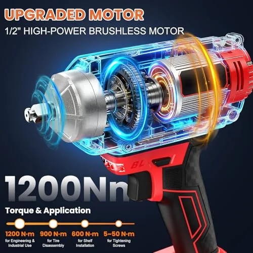 XIAZIR ▫️ Chave de impacto a bateria 1200 N·m 3 em 1 / Aparafusadora de impacto/Broca de impacto – Alto binário 1/2" com motor sem escovas, 2 baterias de 4,0 Ah, chaves de soquete, brocas e pontas 4