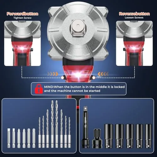 XIAZIR ▫️ Chave de impacto a bateria 1200 N·m 3 em 1 / Aparafusadora de impacto/Broca de impacto – Alto binário 1/2" com motor sem escovas, 2 baterias de 4,0 Ah, chaves de soquete, brocas e pontas 6