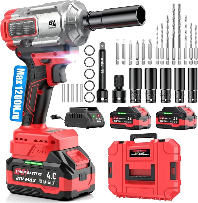 XIAZIR ▫️ Chave de impacto a bateria 1200 N·m 3 em 1 / Aparafusadora de impacto/Broca de impacto – Alto binário 1/2" com motor sem escovas, 2 baterias de 4,0 Ah, chaves de soquete, brocas e pontas