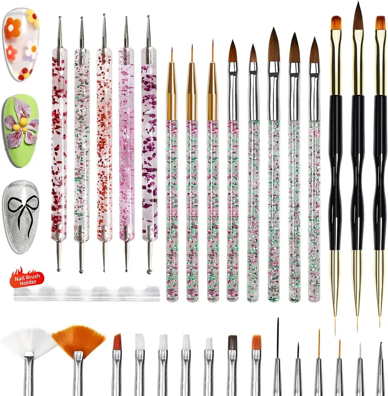 JODSONE ▫️ 32 pincéis profissionais para design de unhas, lápis de desenho para unhas e ferramentas de perfuração com suporte para pincéis de unhas, pincéis de manicure de precisão para principiantes e salões