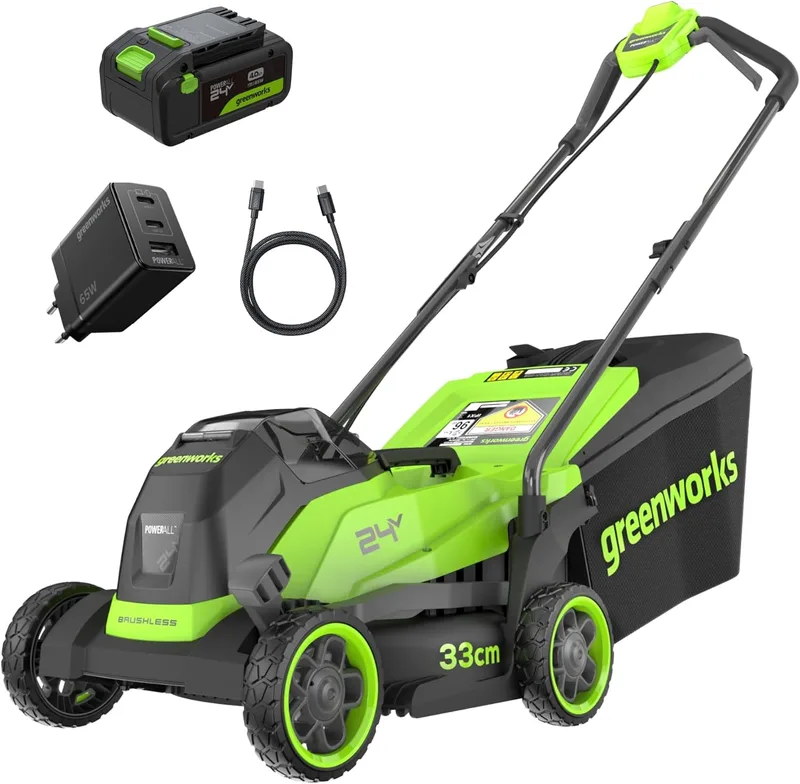Greenworks ▫️ Cortador de relva a bateria de 24 V com aparador de bordas, motor sem escovas, lâmina de 33 cm com cesto de 30 L, aparador de bordas ajustável de 25 cm, inclui bateria de 24 V e
