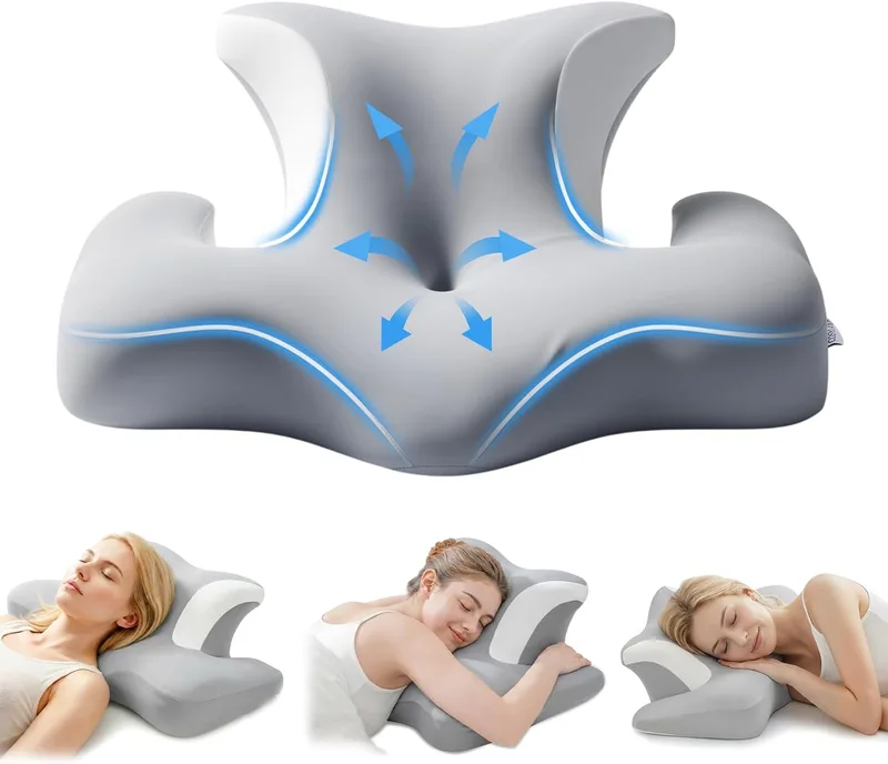 COSYLAND ▫️ Almofada Cervical e para o Pescoço - Ergonómica para dormir de lado, de barriga para cima ou para baixo, espuma viscoelástica, design com espaço para as orelhas e os braços, capa respirável, 64×48×24 cm, cinzenta