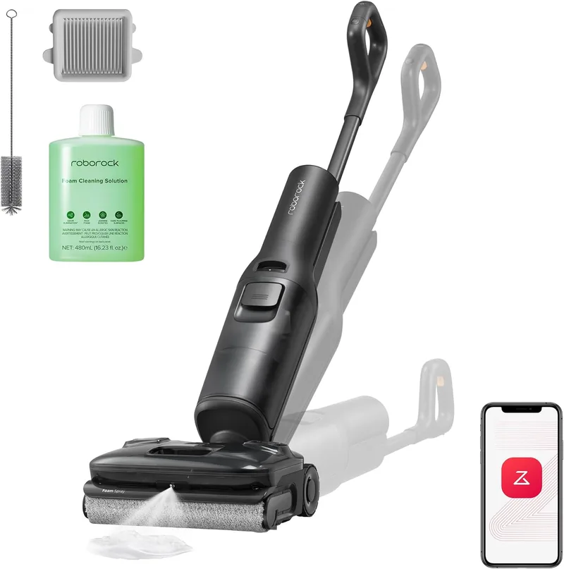 roborock ▫️ F25 Ace Pro 25 000 Pa Esfregona para aspiração, tecnologia JetFoaming para manchas difíceis, rolo anti-emaranhado para pêlos de animais, design plano de 180°, auto-limpeza a alta temperatura, 60 min.