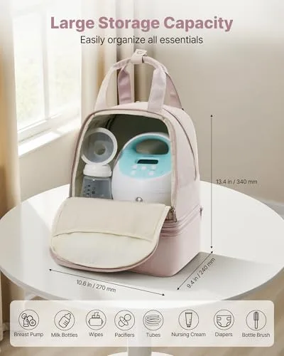 VEVOR ▫️ Mochila para bomba de leite portátil, 270 x 240 x 340 mm, com bolsa de gelo e 8 compartimentos, compatível com os modelos S1/S2, acessórios para extração e armazenamento de leite materno, rosa claro 2