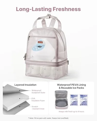 VEVOR ▫️ Mochila para bomba de leite portátil, 270 x 240 x 340 mm, com bolsa de gelo e 8 compartimentos, compatível com os modelos S1/S2, acessórios para extração e armazenamento de leite materno, rosa claro 3