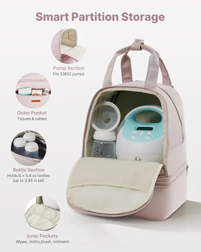 VEVOR ▫️ Mochila para bomba de leite portátil, 270 x 240 x 340 mm, com bolsa de gelo e 8 compartimentos, compatível com os modelos S1/S2, acessórios para extração e armazenamento de leite materno, rosa claro 5