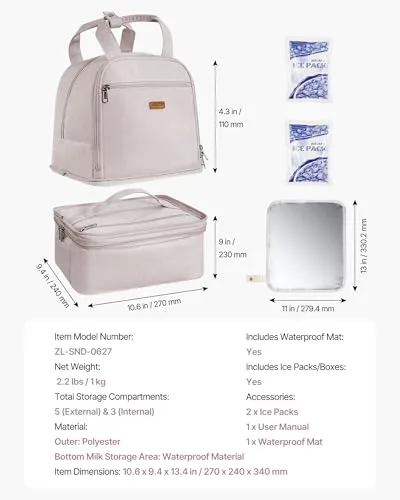 VEVOR ▫️ Mochila para bomba de leite portátil, 270 x 240 x 340 mm, com bolsa de gelo e 8 compartimentos, compatível com os modelos S1/S2, acessórios para extração e armazenamento de leite materno, rosa claro 7