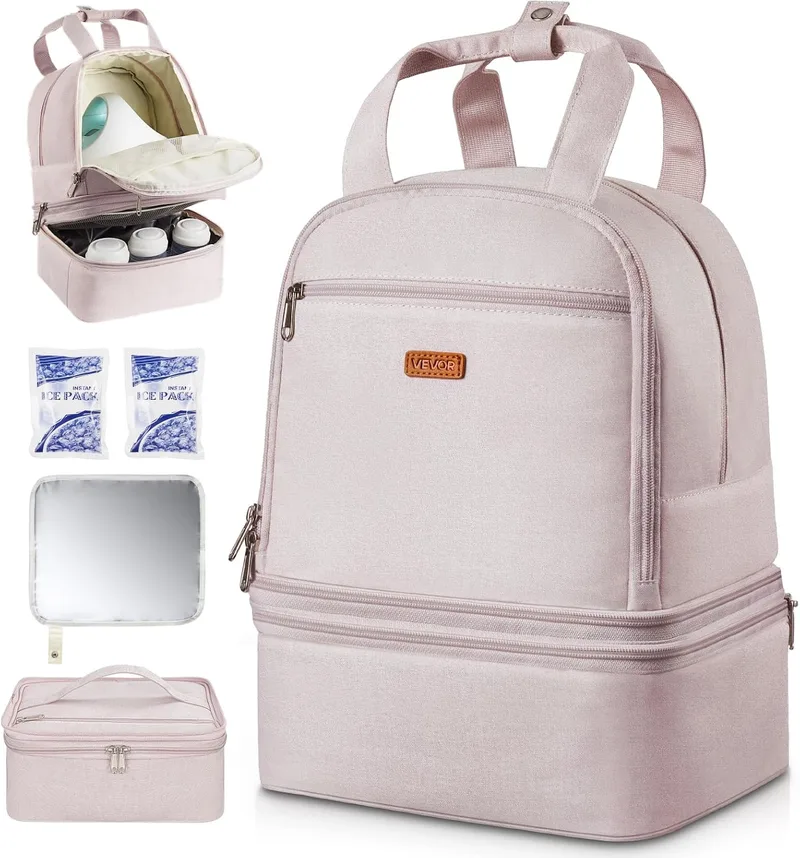 VEVOR ▫️ Mochila para bomba de leite portátil, 270 x 240 x 340 mm, com bolsa de gelo e 8 compartimentos, compatível com os modelos S1/S2, acessórios para extração e armazenamento de leite materno, rosa claro