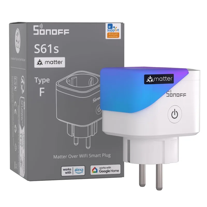 SONOFF ▫️ S61s Tomada Inteligente Wi-Fi 16 A/3840 W – Controlo Remoto e por Voz, Medidor de Consumo Elétrico, Temporizador, Compatível com Matter, Alexa, Google e Apple Home