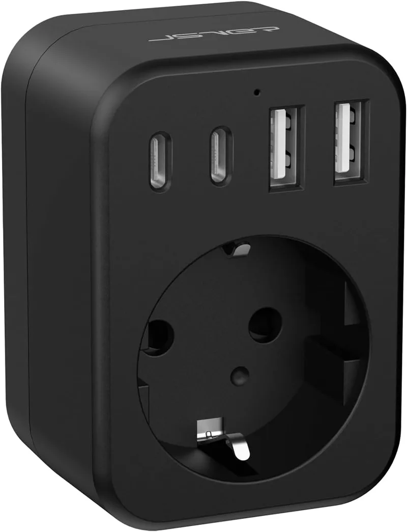 JSVER ▫️ Adaptador de ficha para a África do Sul, adaptador de viagem com 2 portas USB-C e 2 portas USB A (3,4 A, 17 W) ficha tipo M para a África do Sul, Suazilândia, Lesoto (preto)