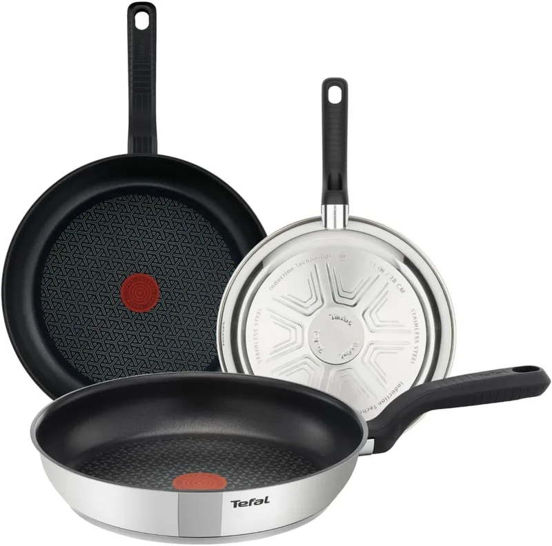 Tefal ▫️ Comfort Max - Conjunto de 3 frigideiras 20/24/28 cm, indução, antiaderentes, revestidas a titânio, com sinal térmico, laváveis na máquina de lavar louça e no forno, aço inoxidável