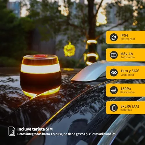 Aourow ▫️ V16 Conectado – Luz de Emergência para Automóvel Homologada pela DGT, com cartão SIM da Telefónica e dados móveis, baliza V16 homologada pela DGT com geolocalizador 3.0 + capa e acessórios para automóvel, V16 com geolocalização 2
