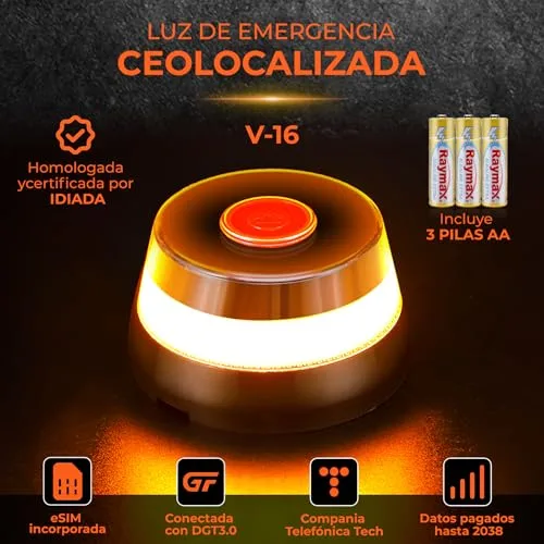 Aourow ▫️ V16 Conectado – Luz de Emergência para Automóvel Homologada pela DGT, com cartão SIM da Telefónica e dados móveis, baliza V16 homologada pela DGT com geolocalizador 3.0 + capa e acessórios para automóvel, V16 com geolocalização 4