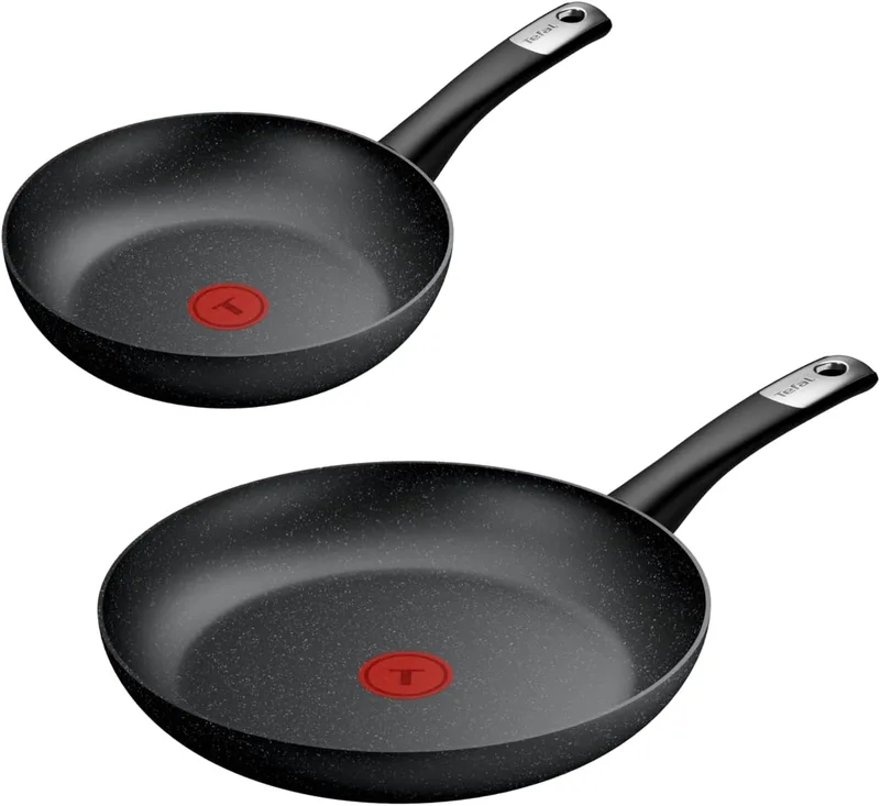 Tefal ▫️ Explore Stone - Conjunto de 2 frigideiras 24/28 cm, Pega fixa, Revestimento antiaderente, Adequado para indução, Sinal térmico