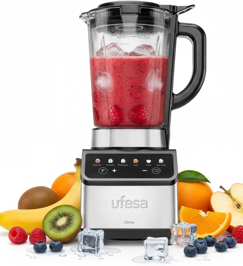 Ufesa ▫️ Jarro de vidro de 1,5 L, 7 funções automáticas, 4 lâminas de aço inoxidável, auto-limpeza e triturador de gelo, smoothies, controlo tátil, antiderrapante, antiderrapante