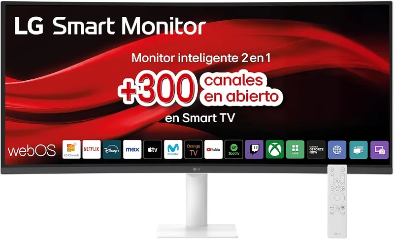 LG ▫️ 34U601SA-W, Monitor inteligente, 34", ecrã WQHD, 3440x1440, painel VA, (21:9), webOS24, 300 nits, controlo remoto incluído, inclinação, branco
