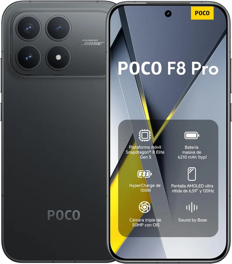 XIAOMI ▫️ POCO F8 Pro - Smartphone de 12+512 GB, câmara tripla de 50 MP com OIS, ecrã AMOLED de 6,59" a 120 Hz, Snapdragon 8 Elite, Hypercharge 100 W, carregador não incluído, preto (versão ES)