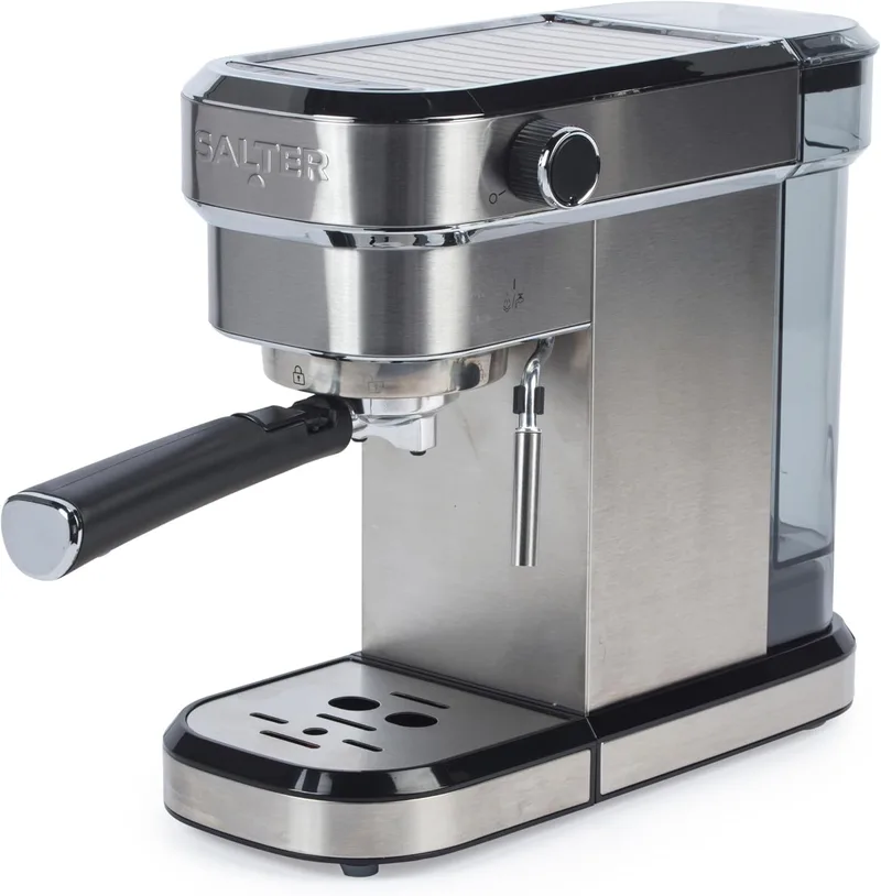 Salter ▫️ Máquina de café expresso com bocal para espumar leite e jarro – Café simples ou duplo, bomba italiana com 20 bar de pressão, compatível com café moído, depósito de água de 1,1 L, aço inoxidável, 1350 W