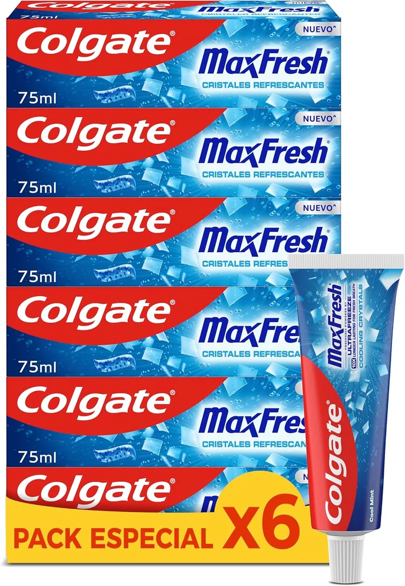 Colgate ▫️ Pasta de dentes Max White Cristais Refrescantes, embalagem de 6 x 75 ml - Sabor a menta - Pasta de dentes com flúor - Sensação de frescura instantânea e 10 vezes mais duradoura
