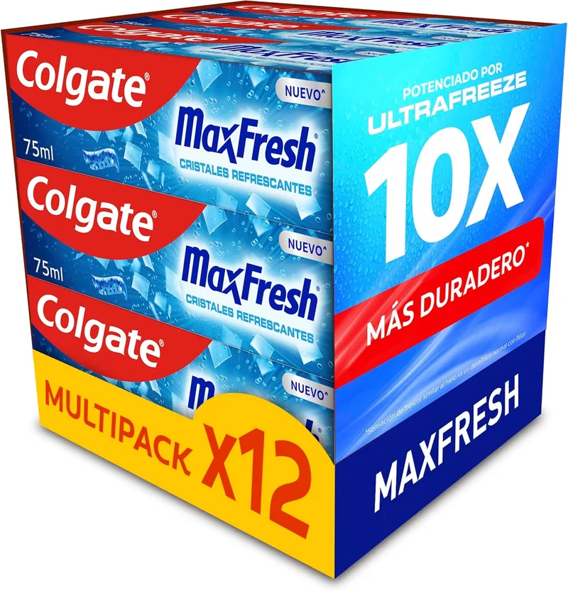 Colgate ▫️ Max White Pasta de dentes com cristais refrescantes Embalagem 12 x 75 ml - Sabor a menta - Pasta de dentes com flúor - Sensação de frescura instantânea e 10 vezes mais duradoura