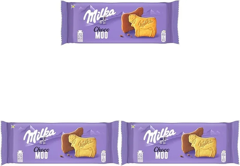 Milka ▫️ Choco Moo, Bolachas em forma de vaca com cobertura de chocolate de leite alpino, 120g (Embalagem de 3)