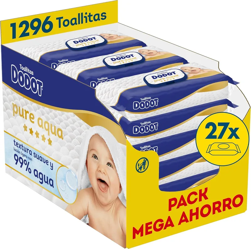 DODOT ▫️ Pure Aqua Baby Wipes, 1296 toalhetes (9 embalagens de 48 unidades, embalagem de 3), ajuda a restaurar o PH natural da pele, 99% de água, sem plástico