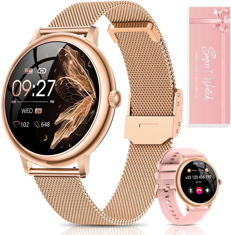RUXINGX ▫️ Relógio inteligente para mulher, ecrã tátil AMOLED redondo e elegante de 1,19", relógio inteligente com chamadas, função para mulher, mais de 120 desportos Monitor de ritmo cardíaco SpO2 Pedómetro de sono Android iOS Prenda de Natal dourada