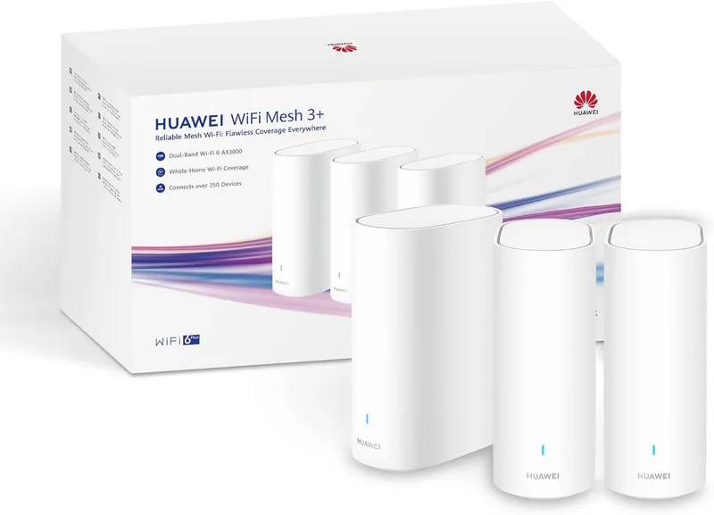 HUAWEI ▫️ Router Wi-Fi WiFi Mesh 3+ 6 AX3000 Dual Band, Wi-Fi para toda a casa, 250+ ligações de dispositivos, penetração na parede, controlo parental, 42 meses de garantia, branco, embalagem de 3