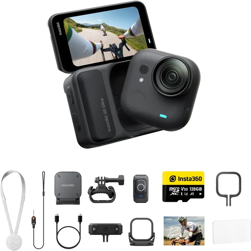 Insta360 ▫️ GO Ultra Pack de Ciclismo Profissional - Pequena câmara 4K mãos-livres, leve e portátil, excelente desempenho em condições de pouca luz, montagem versátil, FlowState, 200 min de autonomia da bateria, à prova de água até 10 metros