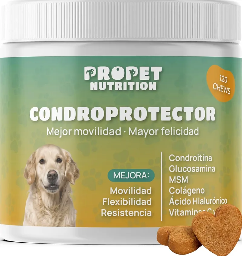 PROPET NUTRITION ▫️ Chondroprotector Cães. 120 pastilhas para mastigar. Anti-inflamatório 100% natural. Reforça a cartilagem e protege as articulações. Condroitina, Glucosamina, MSM, Colagénio, Ácido Hialurónico. Sabor a galinha. Vit. E,C