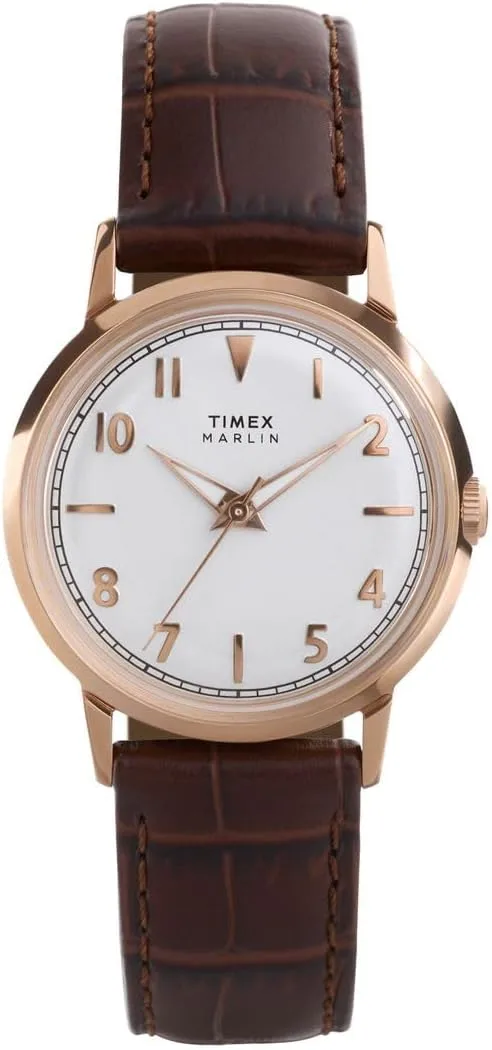 Timex ▫️ Marlin TW2Y37700 - Relógio de Quartzo Unissexo, bracelete em pele castanha com mostrador prateado e caixa em ouro rosa, 34 mm