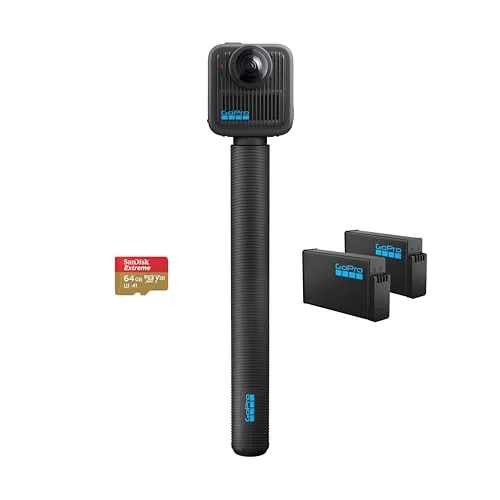GoPro ▫️ Pacote MAX2 + Acessórios: Inclui uma haste de extensão de 1,2 m (4 pés), 2 baterias Enduro de 1960 mAh e um cartão microSD SanDisk de 64 GB 2