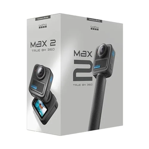 GoPro ▫️ Pacote MAX2 + Acessórios: Inclui uma haste de extensão de 1,2 m (4 pés), 2 baterias Enduro de 1960 mAh e um cartão microSD SanDisk de 64 GB 3