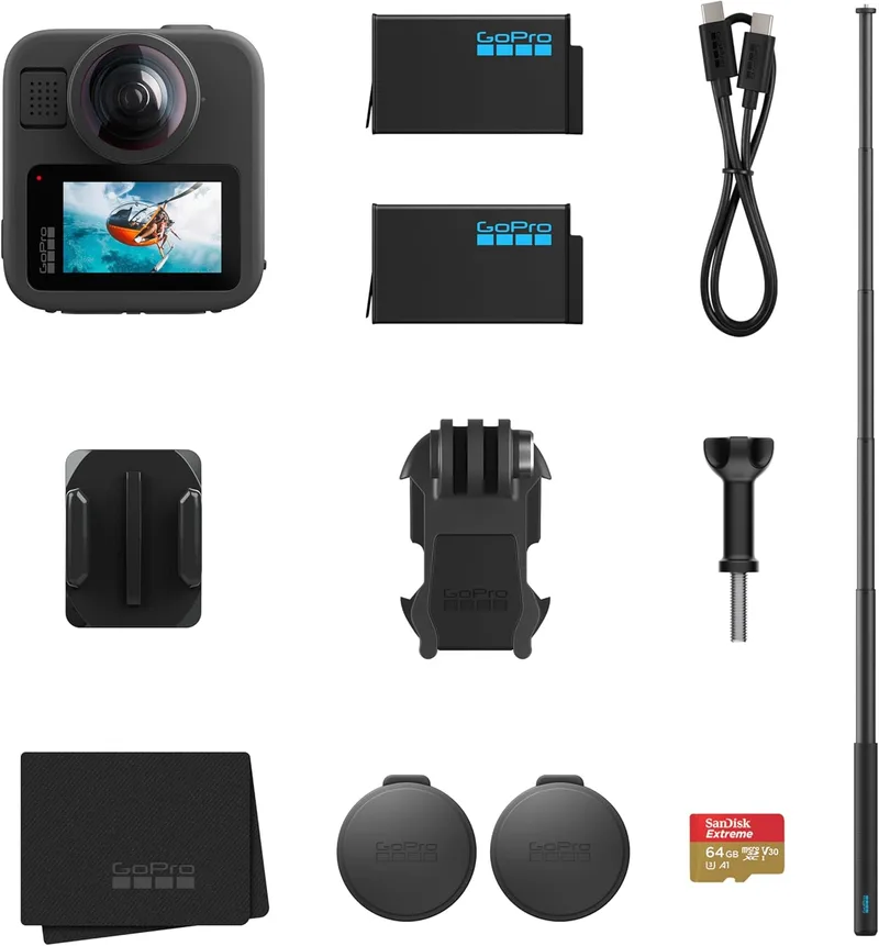 GoPro ▫️ Pacote MAX2 + Acessórios: Inclui uma haste de extensão de 1,2 m (4 pés), 2 baterias Enduro de 1960 mAh e um cartão microSD SanDisk de 64 GB