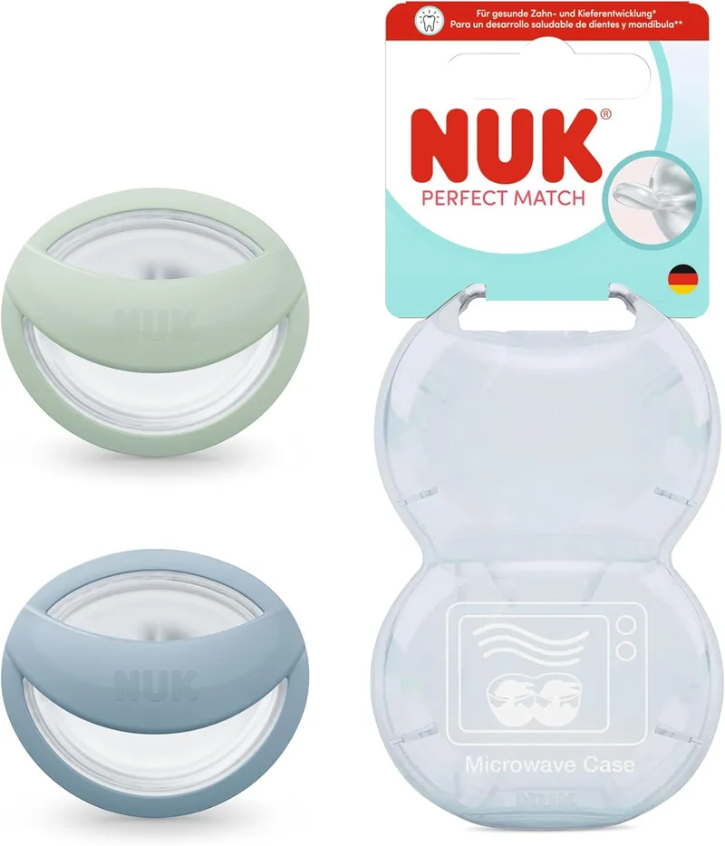 NUK ▫️ Perfect Match – Chupeta para bebés dos 0 aos 6 meses, adequada para a amamentação, chupeta ortodôntica, aceitação por 95% dos bebés, verde e azul, 2 unidades
