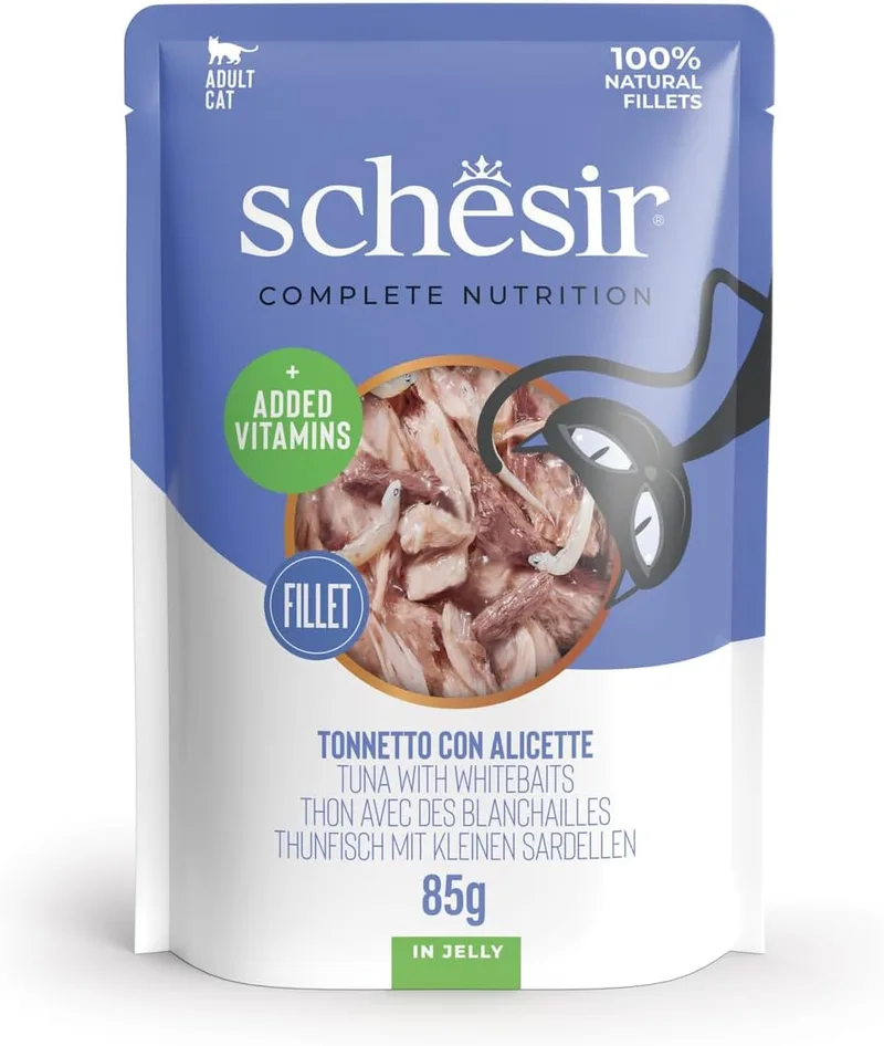 Schesir ▫️ Atum com camarões em gelatina, ração húmida completa para gatos, em saqueta, ingredientes 100% naturais, sem crueldade, 12 x 85 g