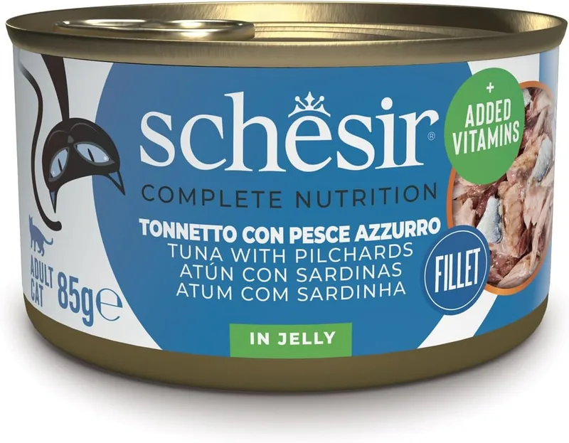 Schesir ▫️ Filetes de Atum com Peixe Azul, em Caldo, Alimento Complementar Húmido para Gatos, Enlatado, Ingredientes 100% Naturais, Sem Crueldade, 12 x 85g