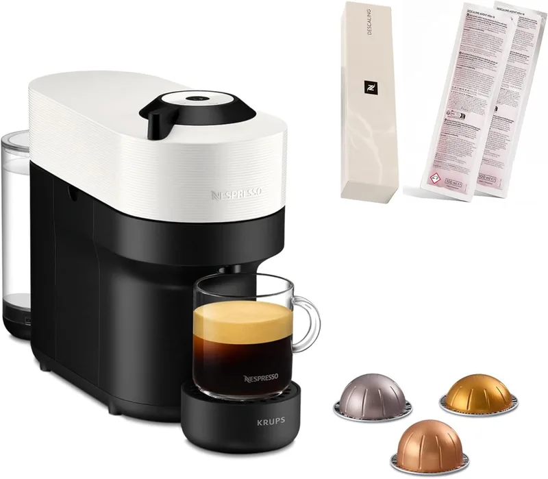 Krups Nespresso VERTUO Pop XN9201DES - Máquina de café em cápsulas, máquina de café expresso, 4 tamanhos de chávenas, tecnologia de centrifugação, 35% de plástico reciclado, inclui kit descalcificador, cor branca