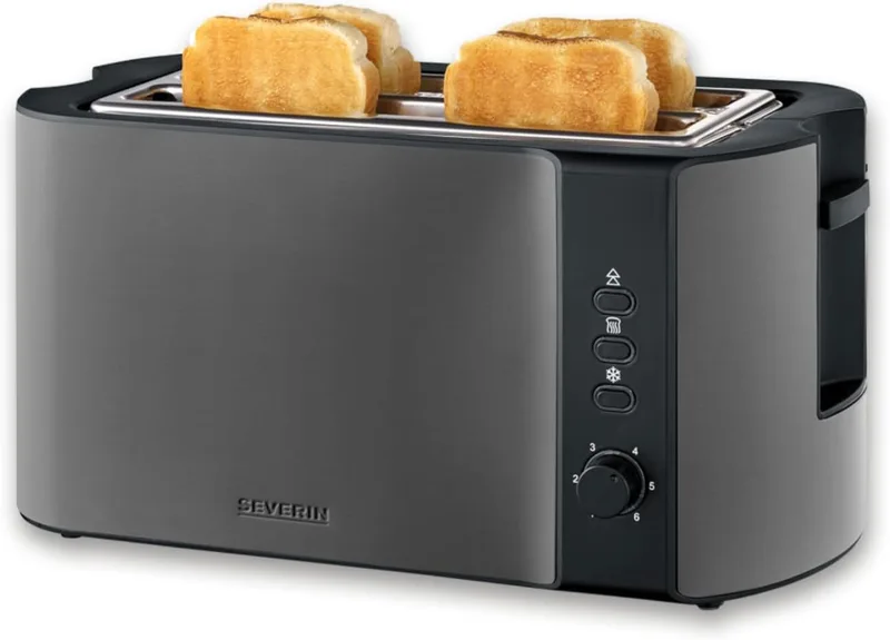 Severin ▫️ Torradeira automática com 2 ranhuras longas, aquecedor de pães, torradeira premium em aço inoxidável, 1400 W, função de descongelação, aço inoxidável escuro/preto, AT 9341