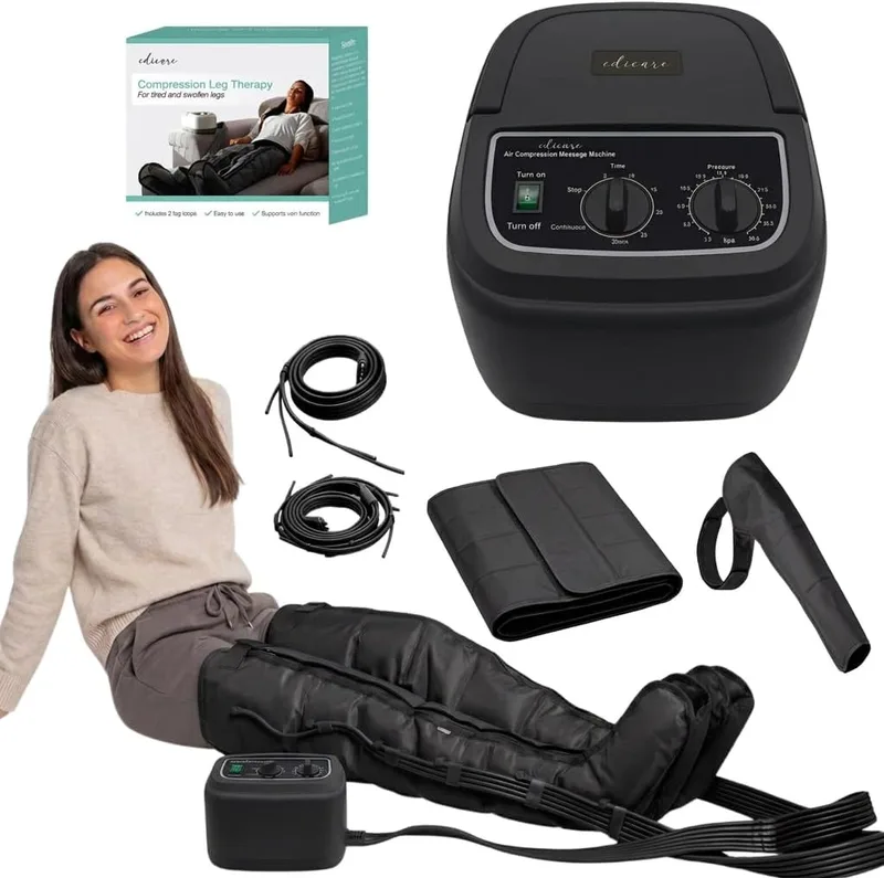 Edicare ▫️ terapia de pressão doméstica, para pernas e pés cansados, 6 válvulas, promove uma melhor circulação, drenagem linfática, fácil de utilizar, eficácia profissional (kit completo - preto)