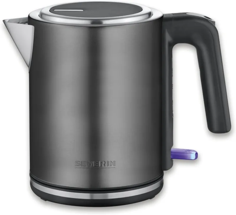 Severin ▫️ Chaleira eléctrica com ebulição rápida e filtro anti-calcário, capacidade de 1 litro, funcionamento com uma mão, chaleira com base de 360°, aço inoxidável escuro, preto, aço inoxidável, 2400 W, WK 9342