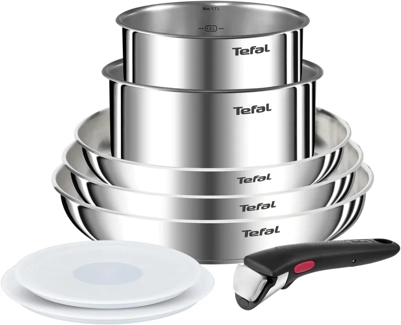Tefal ▫️ Ingenio Emotion - Conjunto de 5 peças, aço inoxidável, sem revestimento | 3 frigideiras de 22/26/28 cm + 2 panelas de 16/18 cm + 3 acessórios, adequado para indução e forno, sem revestimento, tecnologia Full Induction