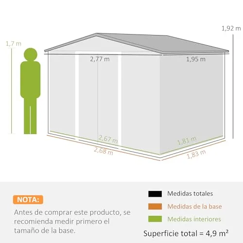 Outsunny ▫️ Casinha de Jardim para Exterior 4,9 m² 277 x 195 x 192 cm Cinza Claro 6