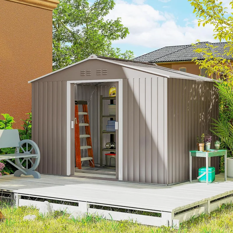 Outsunny ▫️ Casinha de Jardim para Exterior 4,9 m² 277 x 195 x 192 cm Cinza Claro