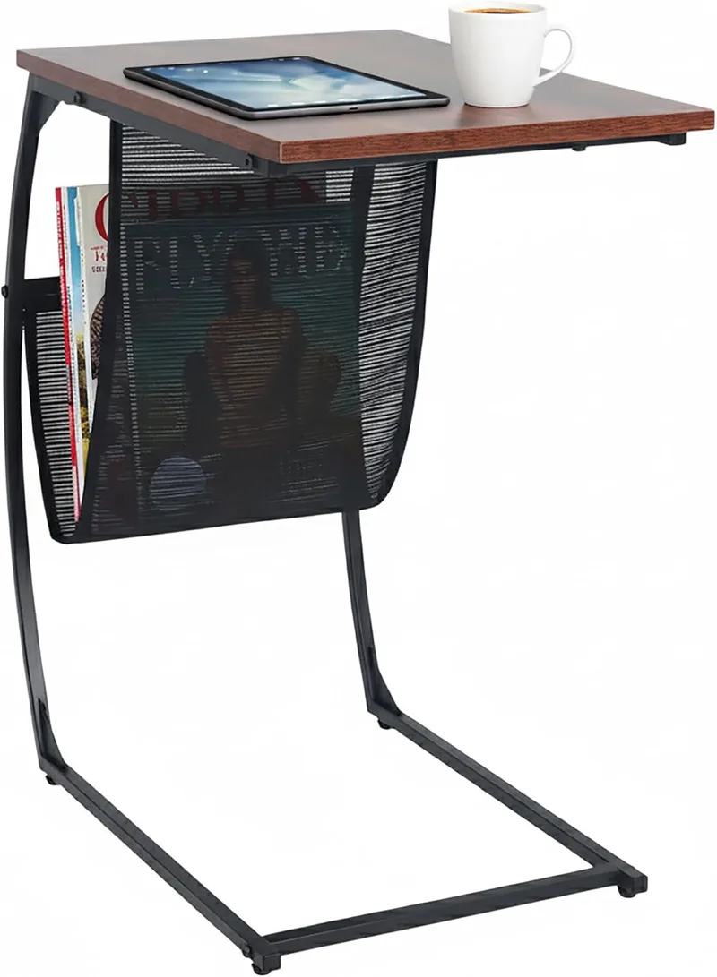 Relaxdays ▫️ Porta-revistas auxiliar, AxLxP: 64 x 51 x 35 cm, MDF, Metal, C-Form, Mesa para sofá industrial, castanho/preto, Poliéster, Placa de fibra, Ferro