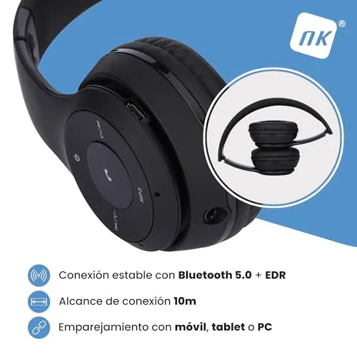 NK ▫️ Auscultadores sem fios Bluetooth com arnês - Leves e confortáveis, FM/TF, 4 horas de autonomia, 2 horas de carregamento, cor preta 3