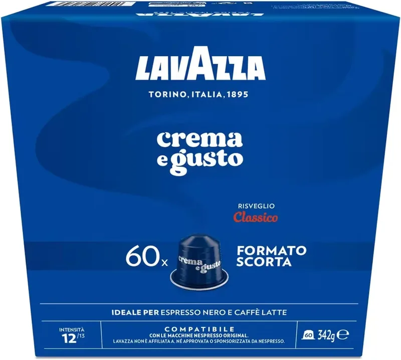 Lavazza ▫️ Crema e Gusto Risveglio Classico, 60 cápsulas de alumínio compatíveis com máquinas Nespresso, com notas de chocolate e frutos secos, mistura de Arábica e Robusta, intensidade 12/13, torra média